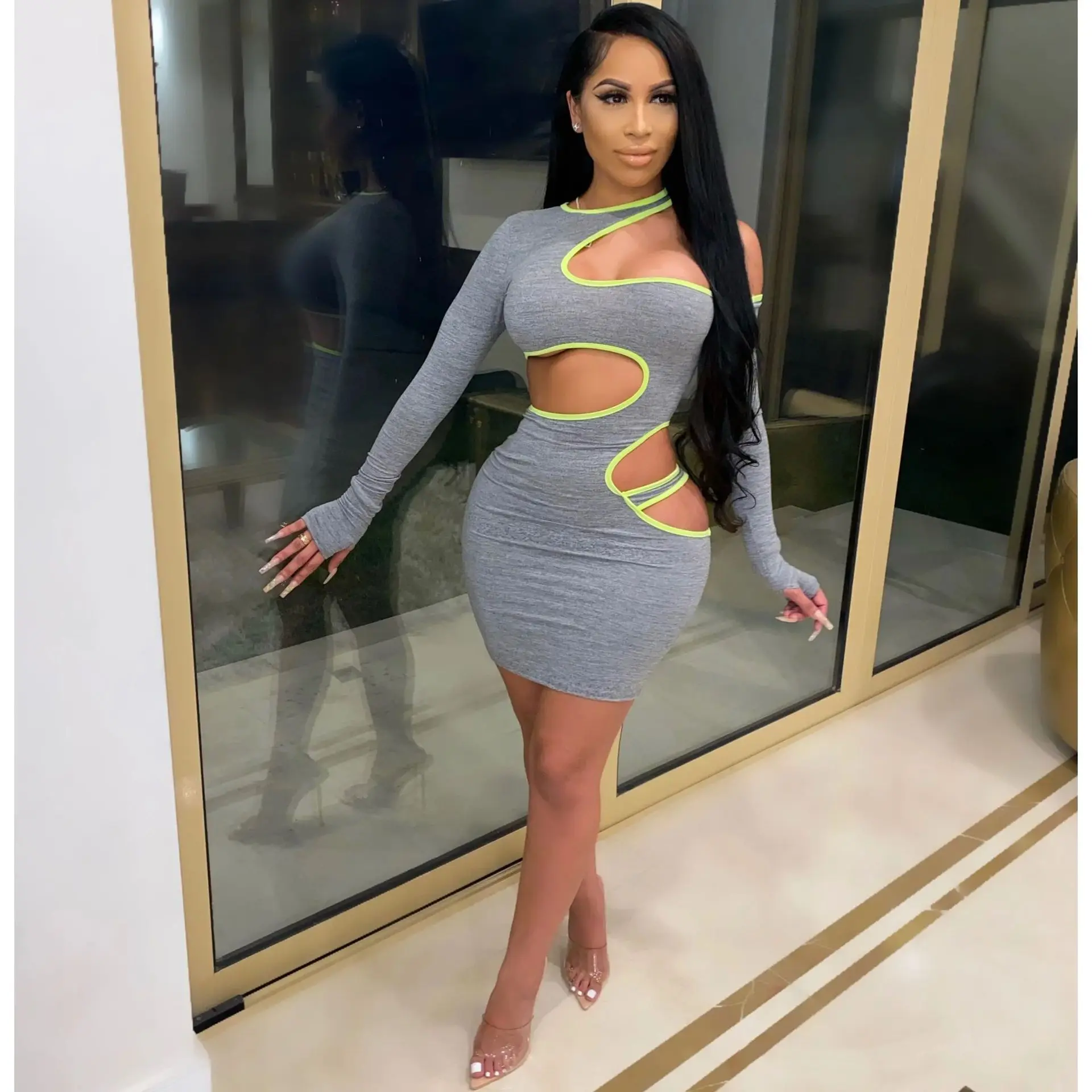 

Fall Active Wear Sexy Hollow Out Long Sleeve Bodycon Dress for Women Autumn Bandage Club Party Mini Dress Night Club Outfits