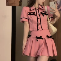 french small fragrance suit 2021 new summer japanese style sweet 2 piece set women crop top short shirt and pleated skirt sets