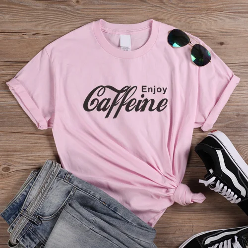 Pink ONSEME, женская уличная одежда, повседневные футболки, Enjoy Caffeine, футболка с буквенным принтом, женские Забавные футболки Cola, Harajuku, базовая хлопковая футболка - Цвет: Pink