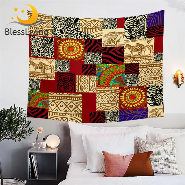 BlessLiving Ethnic Tapestry African Animal Decorative Wall Hanging Geometric Patchwork Bedspreads Zebra Giraffe Wall Carpet 1