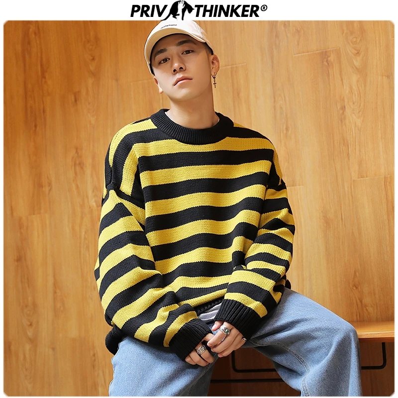Privathinker осенне-зимний корейский свитер, мужской полосатый пуловер, топы, повседневный мужской вязаный плотный теплый мужской свитер s