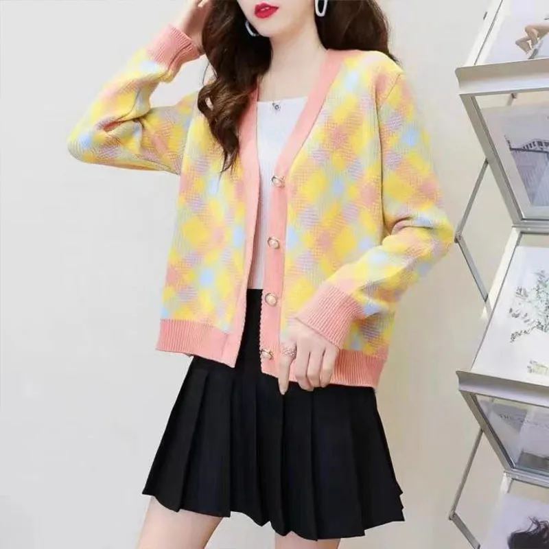 

Ins V-Neck Plaid Long Sleeve Women Sweater 2020 Autumn Winter Short Knitted Cardigan Sweaters Womes England Style Tops