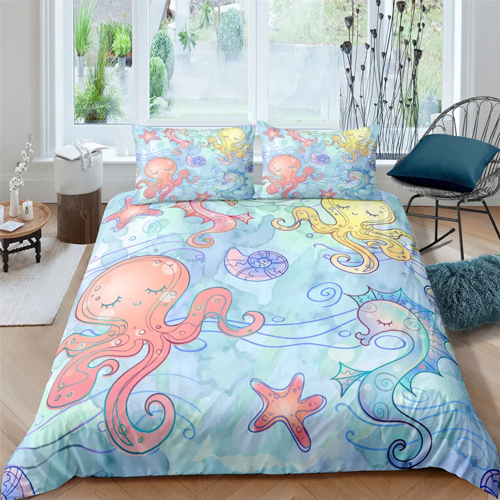 

3D Cartoon Octopus Pattern Printed Duvet Cover Set Polyester Quilt Cover Set King Queen Size Bedding Home Textiles