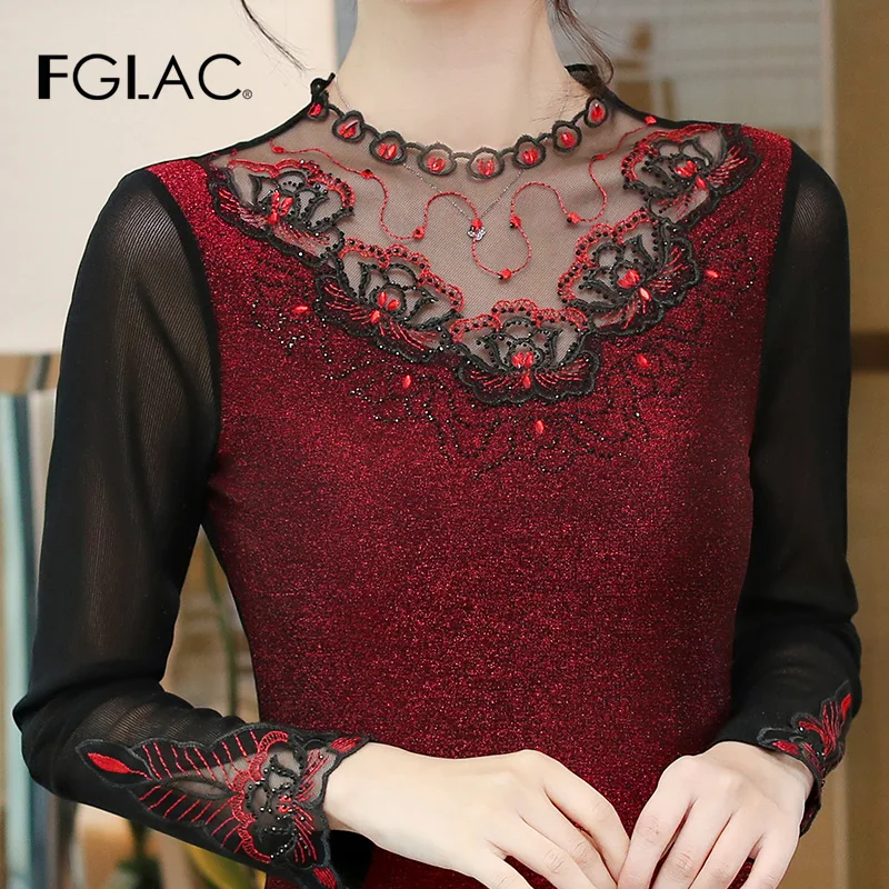 

SLAE Women's T-Shirt Fashion Casual Long Sleeved Hot Drilling Mesh Tops Blusas