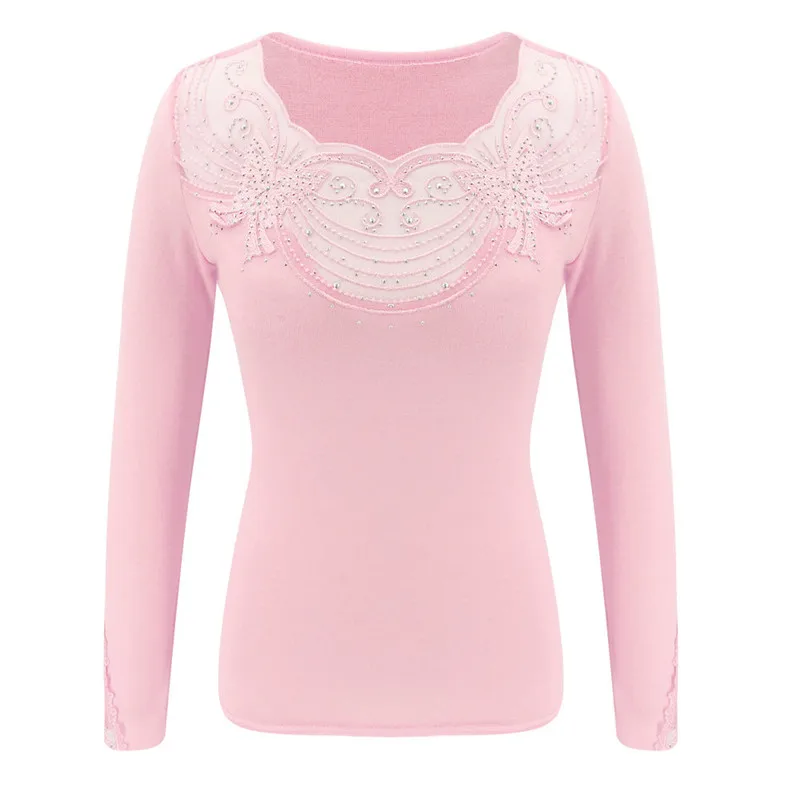 Горячая дрель украшение кружева сплайсинга рубашка женская с длинным рукавом