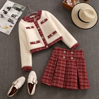 new year red tweed skirt suits women winter new crystal button lambswool patchwork cardigans mini pleated skirt 2 piece sets