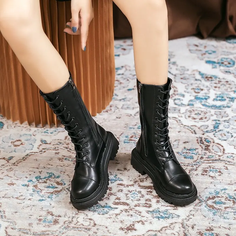 

Женские ботинки на низком каблуке, женские современные ботильоны на шнуровке, осенняя нескользящая обувь до середины икры на молнии, новинк...