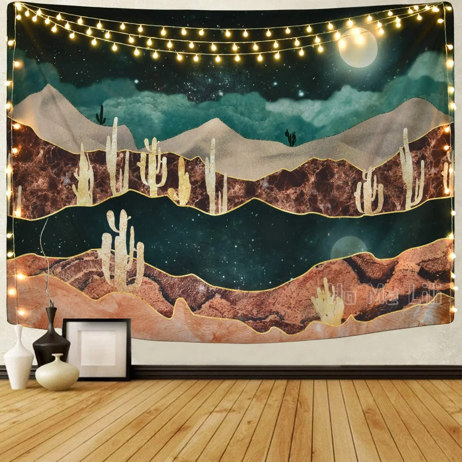 

Mountain Moon Tapestry Desert Cactus Starry Night Nature Landscape Wall Hanging For Room Decor
