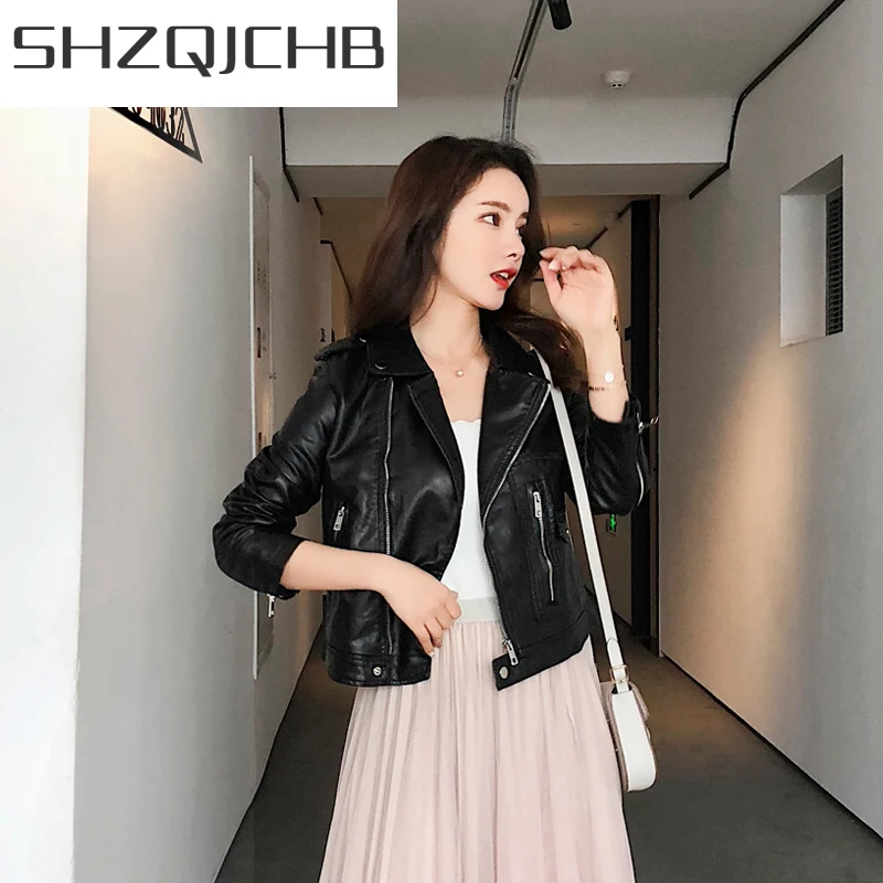 

SHZQ новая брендовая Осенняя женская кожаная куртка 2021 корейская мода Повседневная тонкая короткая куртка из искусственной кожи байкерская ...
