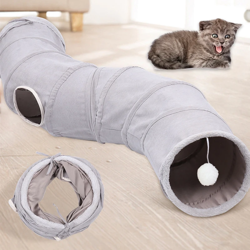 

New Collapsible Cat Tunnel S Shape Foldable Cat Passage Tent Cat Toy Durable Suede Hideaway Pet Crinkle Tunnel with Ball