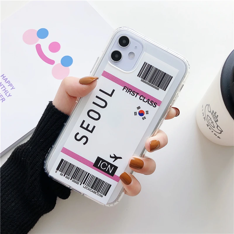 new york seoul tokyo ins first ticket phone case for iphone 13 7 8 plus 11 pro x xs max 12 mini flight ticket luxury clear cover free global shipping