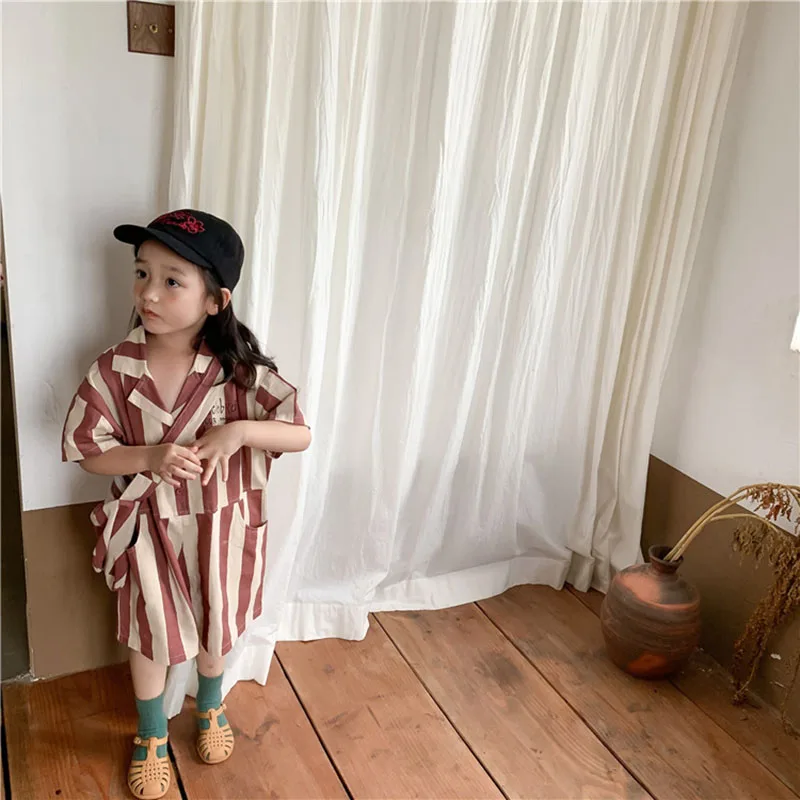 

2021 Summer New Kids Overalls Striped Outfits Korean Clothes for Boys and Girls