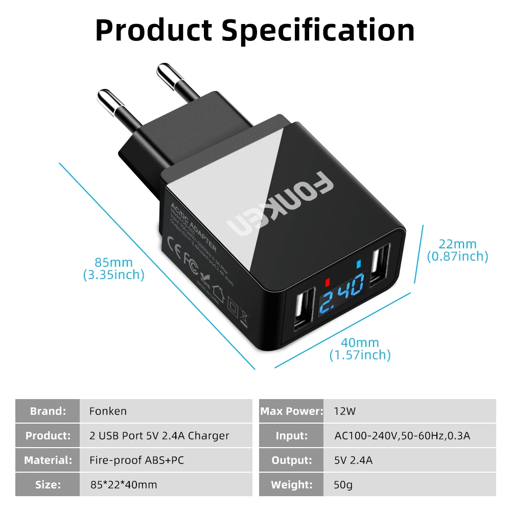 Светодиодный дисплей FONKEN, двойное зарядное устройство USB, макс. A, зарядка для телефона, умная быстрая зарядка, 2 порта, настенное зарядное устройство для мобильного телефона, адаптер