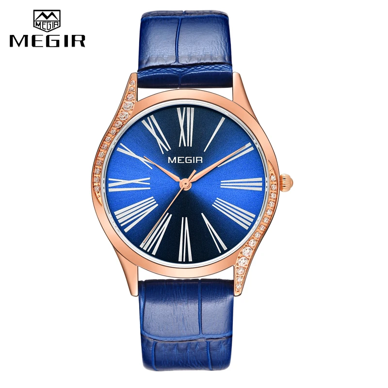 Blue MEGIR женские часы Топ люксовый бренд Модные женские кварцевые Наручные повседневные часы, кожа водонепроницаемые женские часы Relogio Feminino - Цвет: Blue