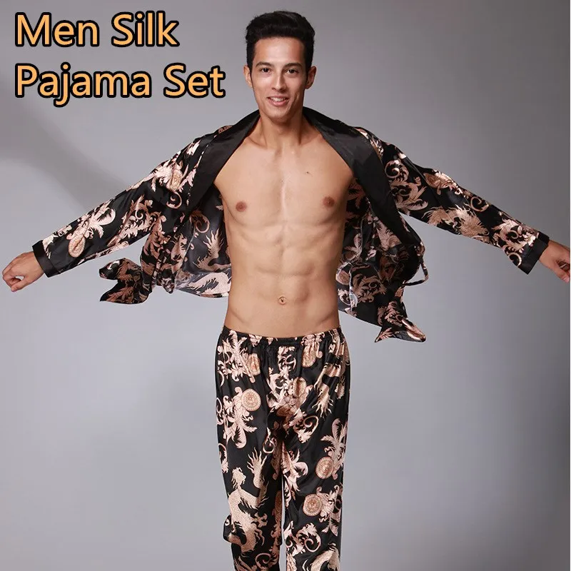Men's Stain Silk Pajama Set Long Sleeve Trousers Sexy Nightwear for Men Luxury Men Clothes Wine Red Black Men Pajamas