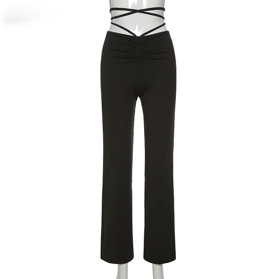 

fashion bandage women straight pants solid elastic high waist slim long trousers summer streetwear outfits