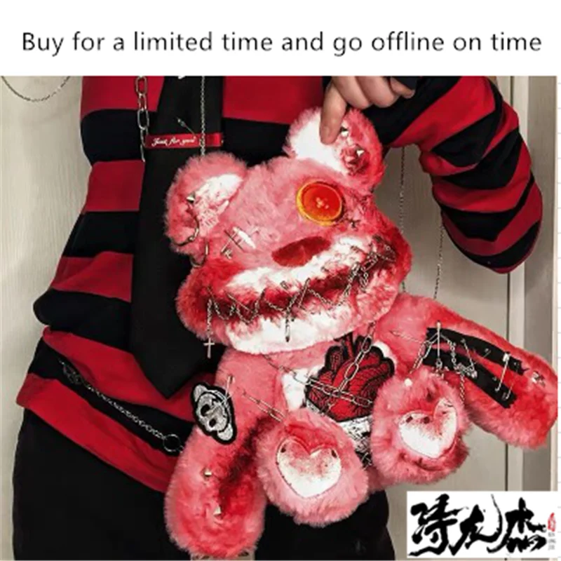 Темно Готическая Лолита Медведь кукла школьная крутая сумка для крови газовое Yandere мрачные вышивка сумки на