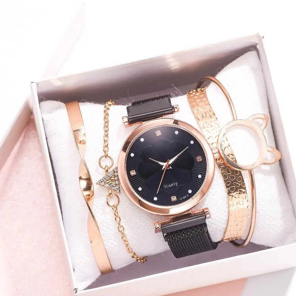 

Free Dropshipping 5PCS Luxury Watch Women Embossed Fresh Steel Belt Dial Bracelet Watch Female Student Quartz Watch Relogio