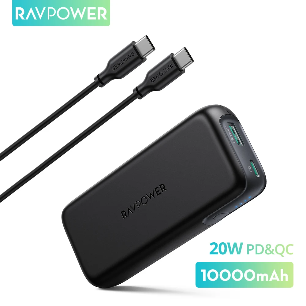 

RAVPower Power Bank 10000mAh Portable Battery Charger with 20W PD Fast Charging Powerbank 2 Ports PoverBank for iPhone 12 Xiaomi