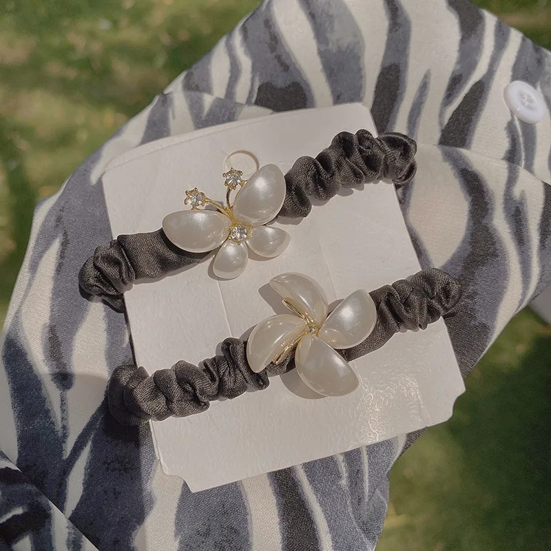 

Korean Fashion Simple Pearl Hair Ring Satin Lazy Wind Butterfly Tied Ponytail Rubber Band Head Rope Female Cute Accessories