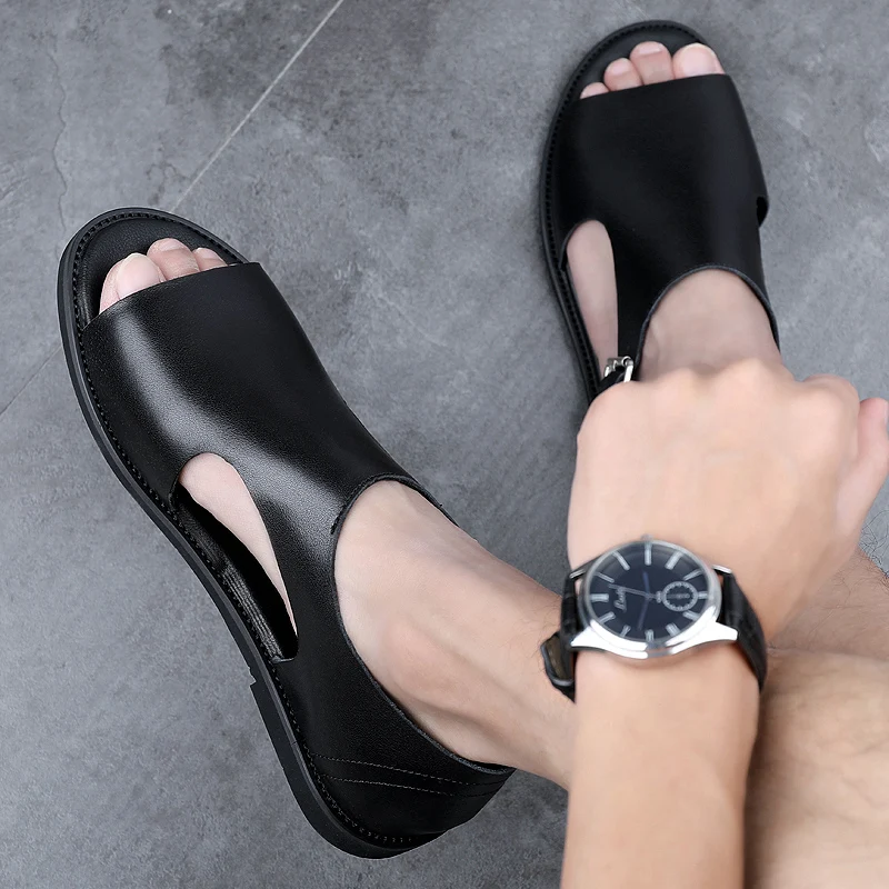 

New Arrival 2021 Leisure Men Sandals Black Leather Beach Shoes Designer Handmade Sandals For Mens Good Quality Roman sandals