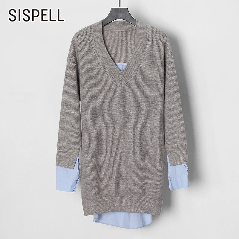 

Женский свитер лоскутного покроя SISPELL, свободный осенний свитер с v-образным вырезом и длинным рукавом, 2021