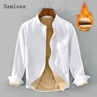 samlona plus size men fashion thick plush shirt blusas 2021 winter velvet blouse male lepal collar basic tops homme streetwear