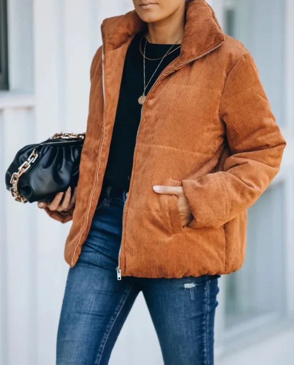 

Casual Corduroy Warm Jacket Women 2021 Autumn Winter Fashion New Turn-down Collar Zipper Design Outwear Long Sleeve Coat