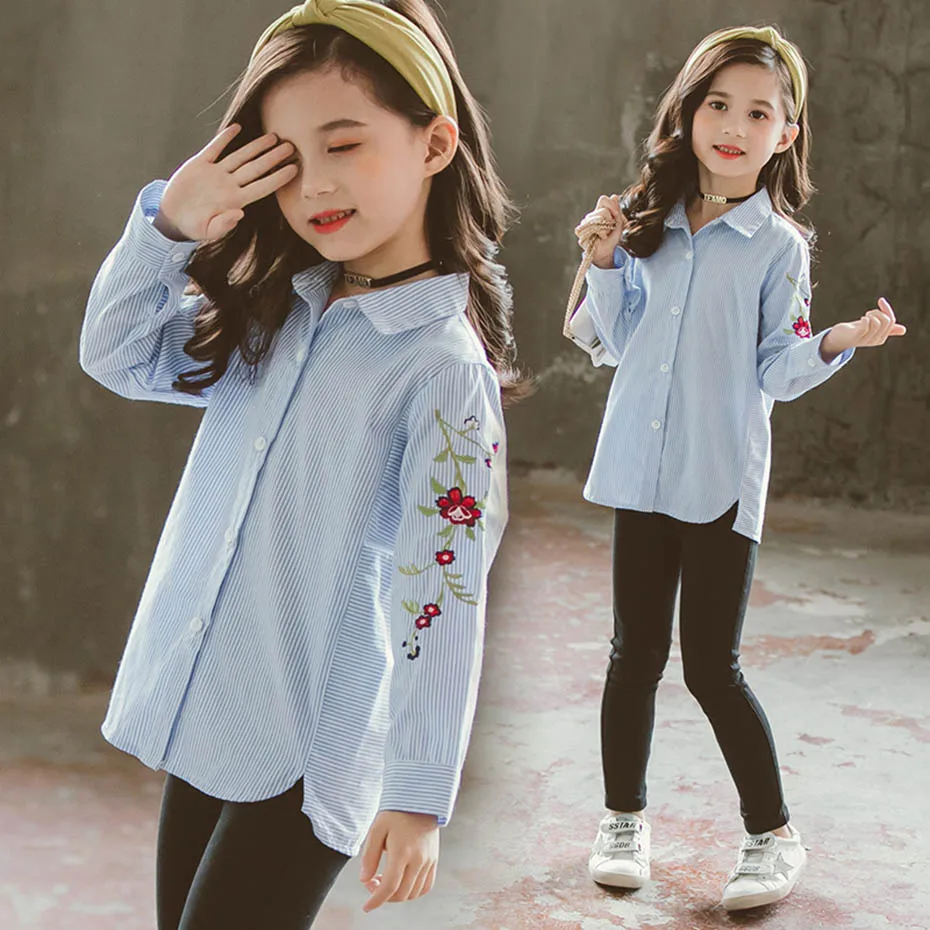 Блузка для девочек с цветочной вышивкой рубашка отложным воротником модная