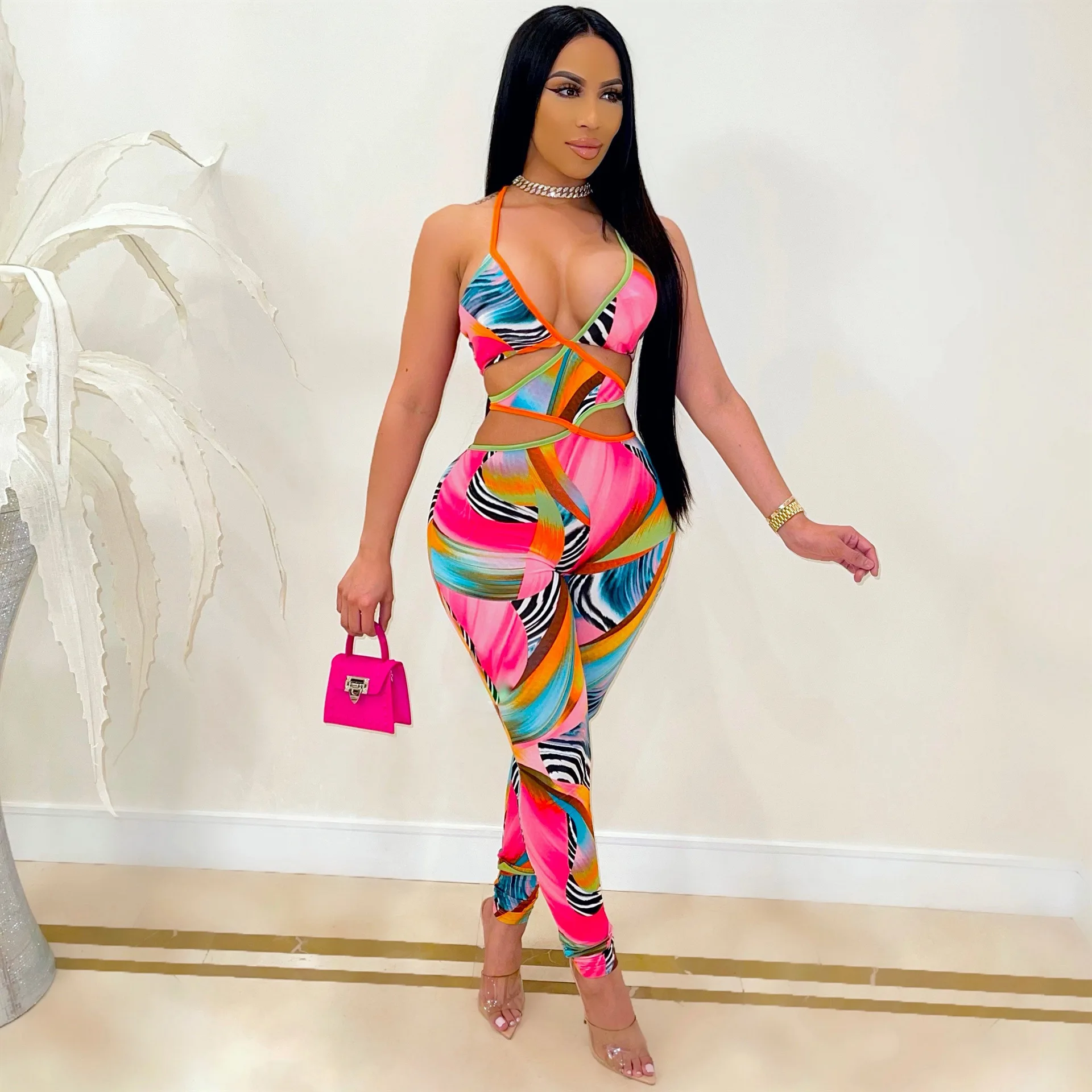 

Fashion Printed Jumpsuit for Women Sexy Cutout Backless Halter Bodycon One Piece Outfit Clubwear Fall 2021 Dropshipping