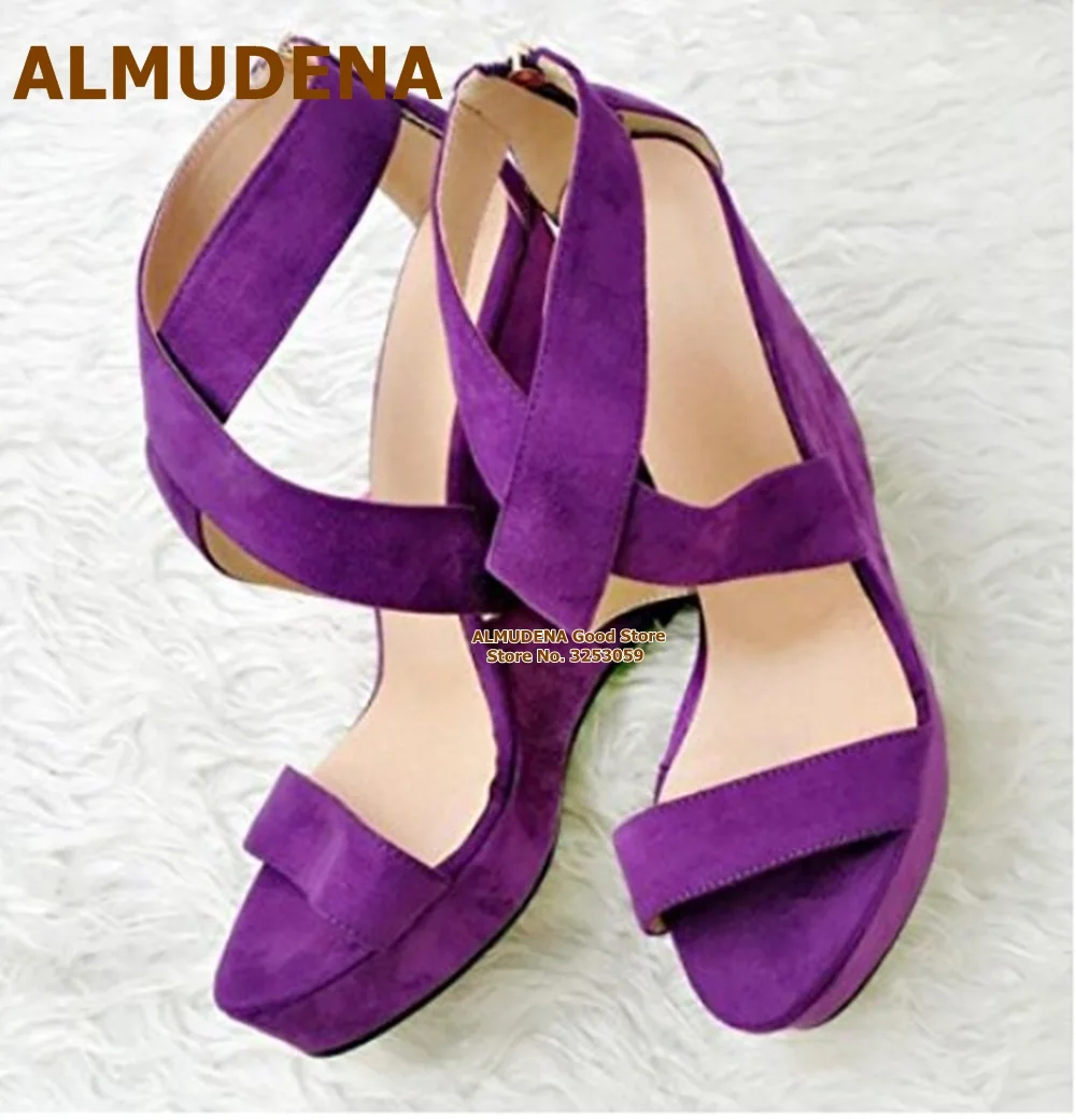 

ALMUDENA Purple Suede Wedge Heel Platform Sandals Cross Strappy Open Toe Dress Shoes Size46 Dropship Banquet Pumps Footwear