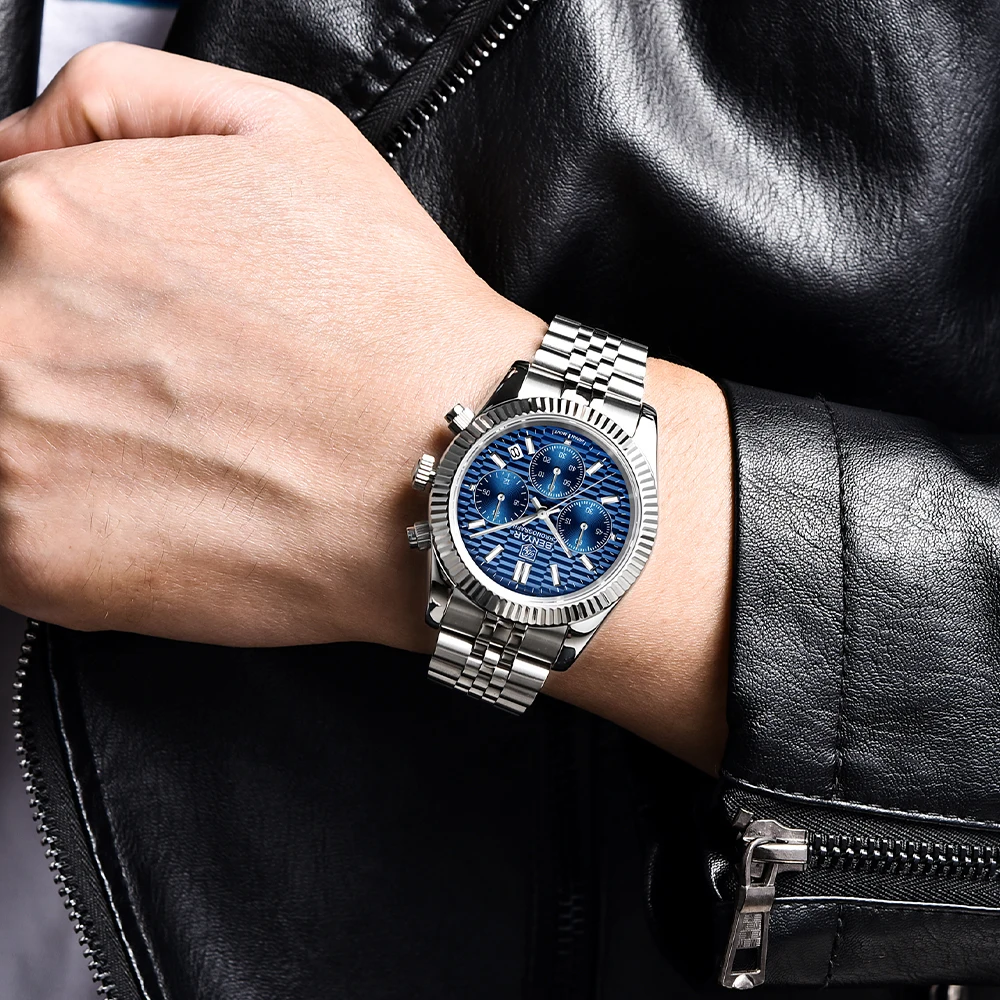 Мужские водонепроницаемые кварцевые часы-хронограф из нержавеющей стали -