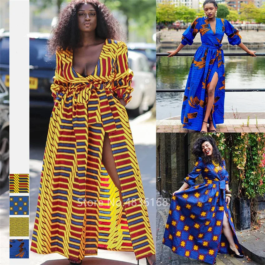 

African Dresses for Women Long Sleeve V-neck Dashiki Print Maxi Dress High Waist Elegant Ladies Sexy Party Dresses with Bow Belt