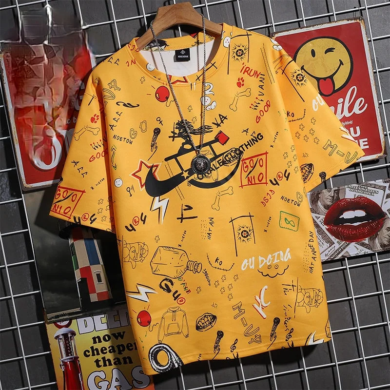 

Summer New Short-Sleeved T-Shirt Men 's 2021 Hong Kong Style Loose Hip Hop Graffiti Teen's Top