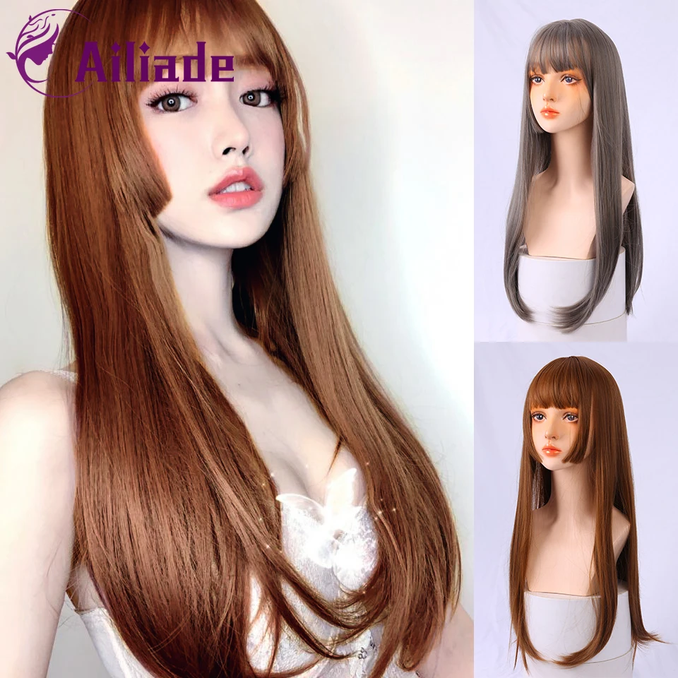 AILIADE Синтетические длинные прямые парики с челкой для женщин афро американский