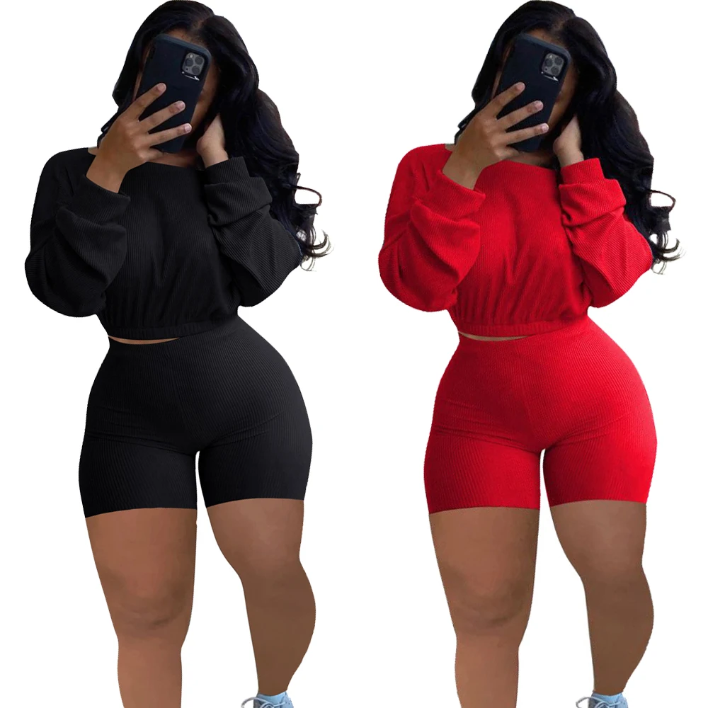 

Ribbed Short Set Women New Arrivals 2021 Long Sleeves Cotton 2 Piece Lounge Wear Outfit Sets Women Two Piece Plus Size