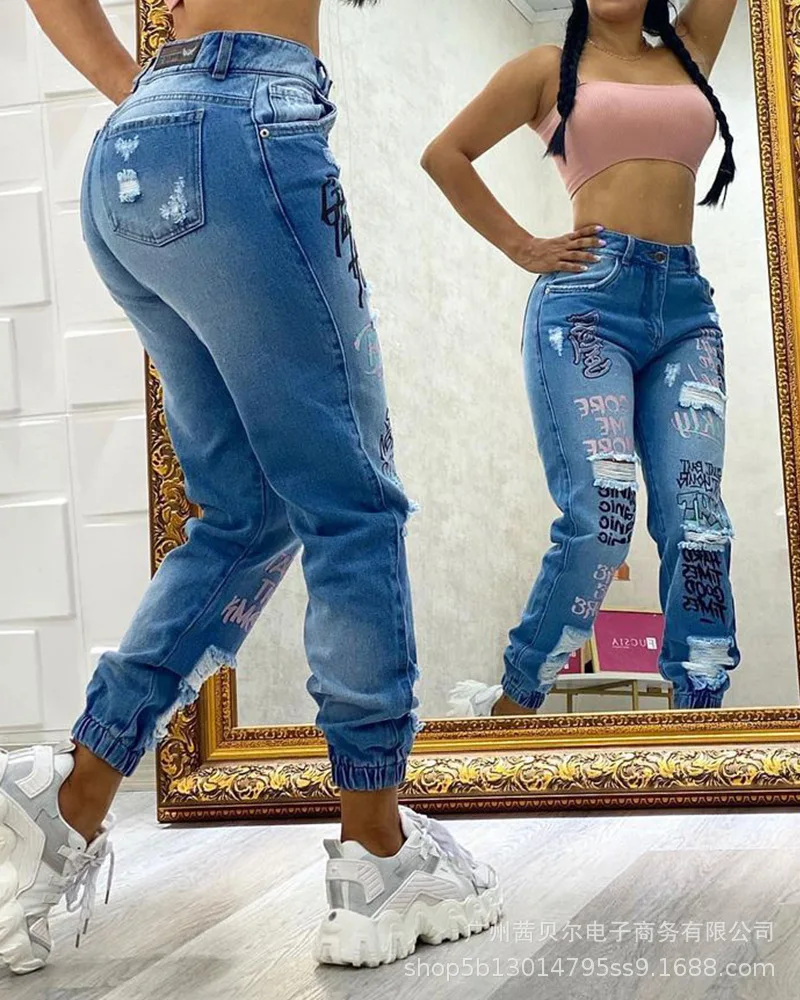2021 women's new letter jeans blue