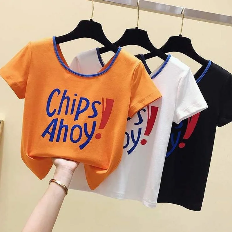 

Summer New Pure Cotton Short Sleeve T-shirt Women's Slim Fit 2021 Fashionable Letter Printed Back Hollow-out Short Ins Fashion
