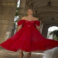 sexy red off the shoulder prom dresses sweetheart neck a line tea length sleeveless backless tiered sash evening gown dots tulle