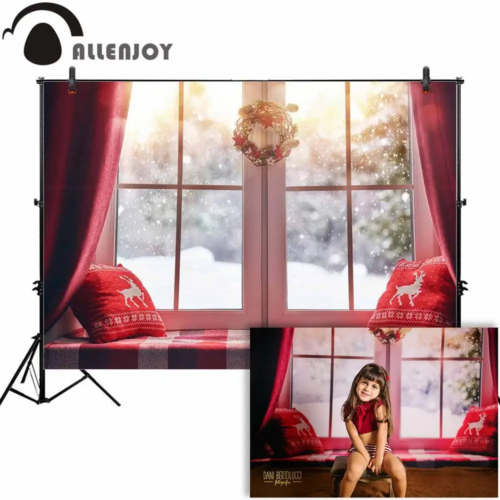 

Allenjoy photography backdrop Christmas window wreath winter snow background photocall photoshoot prop custom photobooth