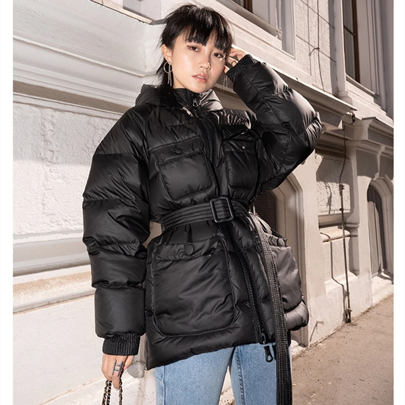Новое зимнее пальто женское осеннее пуховое модные куртки с поясом на шнуровке