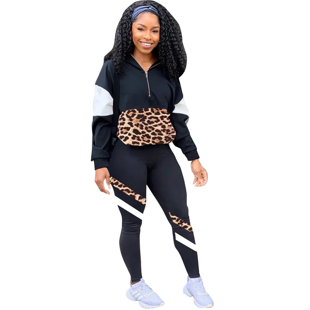 

New Women's Sexy Casual Fashion All-Match Leopard Pattern Stitching Sports Style Two-Piece Suit