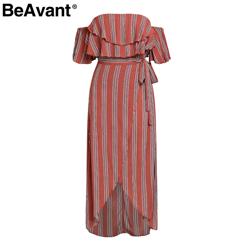 Женское платье в полоску BeAvant длинное льняное с оборками и открытой спиной на