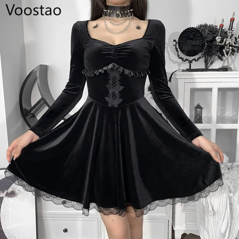 

Autumn Vintage Gothic Velvet Mini Dress Women Elegant Chic Ruffles Lace Punk Party Slim Dresses Female Y2K Long Sleeve Vestidos