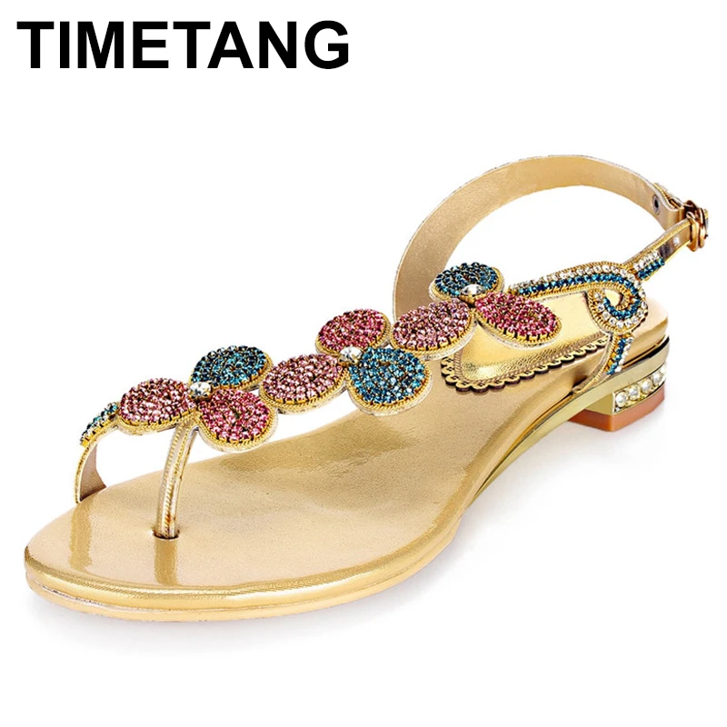 TIMETANG стразы s золотые со стразами летние туфли на плоской подошве Сезон лето