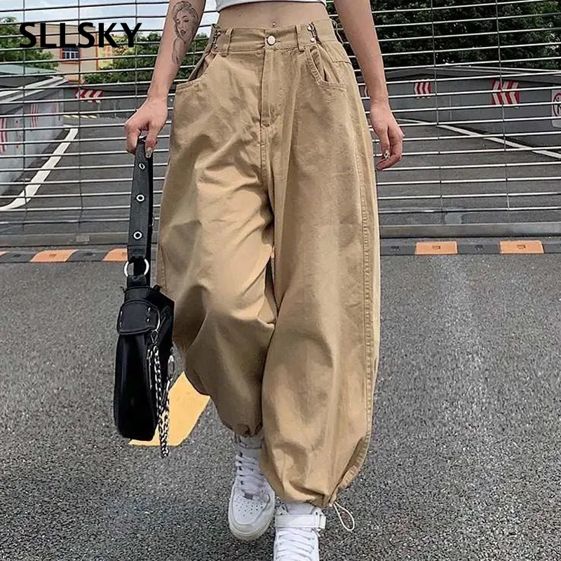 

SLLSKY Khaki Oversized Loose Cargo Pants Women Hip Hop Style Adjustable High Waist Ankle-Length Pants Streetwear Female Trouser