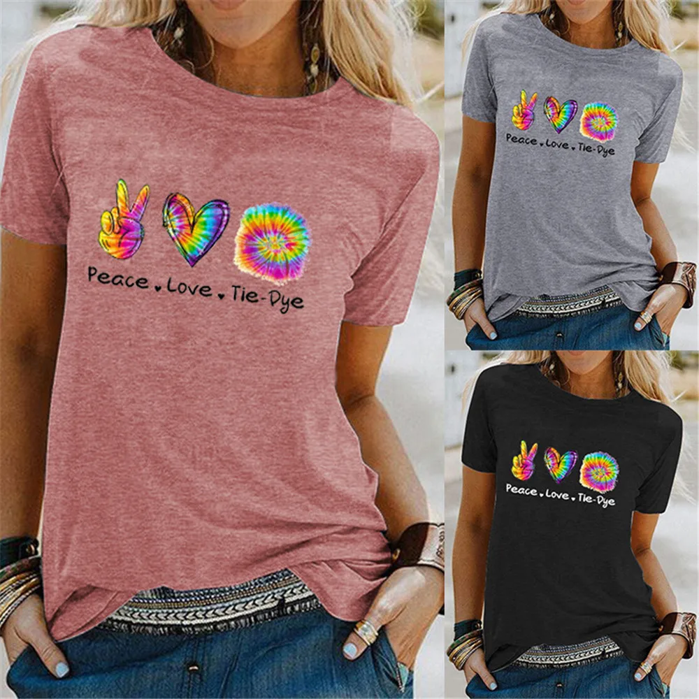 

PEACE LOVE TIE DYE Letter Print Women Summer Harajuku Tshirts Colorful Hand Love Heart Graphic Tops Female Vintage Vogue clothes