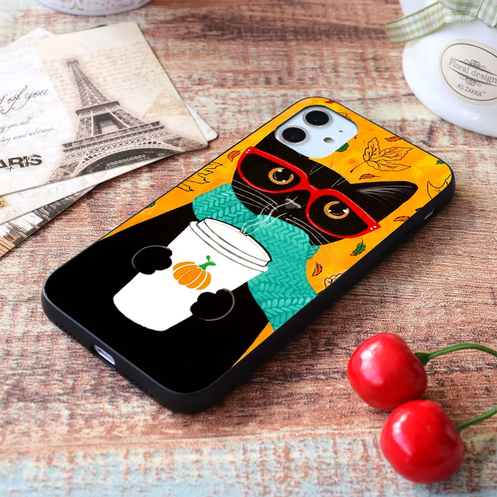 

For iPhone Autumn Pumpkin Coffee Cat soft TPU border Apple iPhone Case