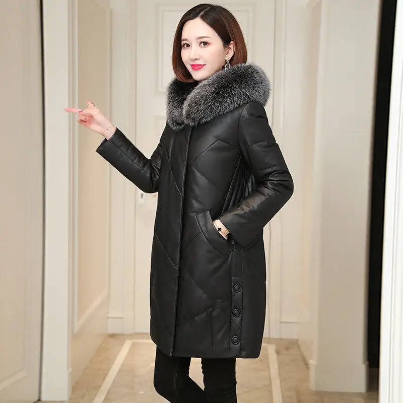 Women 2021 Winter New Faux Leather Cotton-padded Jacket Female Long PU Leather Parkas Ladies Fur Collar Hooded Slim Coats U415