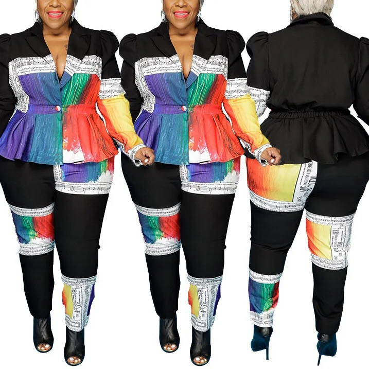 

4xl 5xl Plus Size 2 Pieces Sets Womens Outfits Color Block Tops & Pencil Pants Fashion Elegant Clothes Two Pieces Matching Sets
